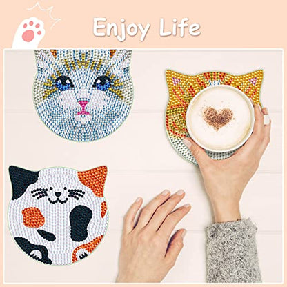 Diy 6pcs/set Cat  Diamond Painting Coasters with Holder