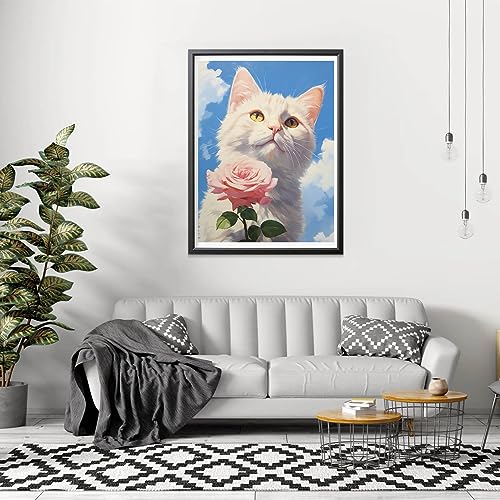 Cat And Pink Flower | Diamond Painting