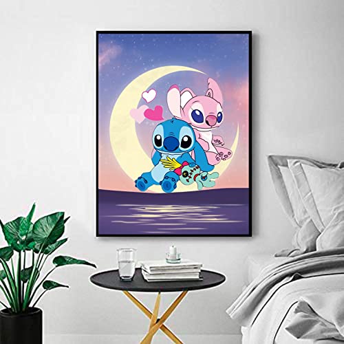 Stitch Is Sitting On The Moon With Lover | Diamond Painting