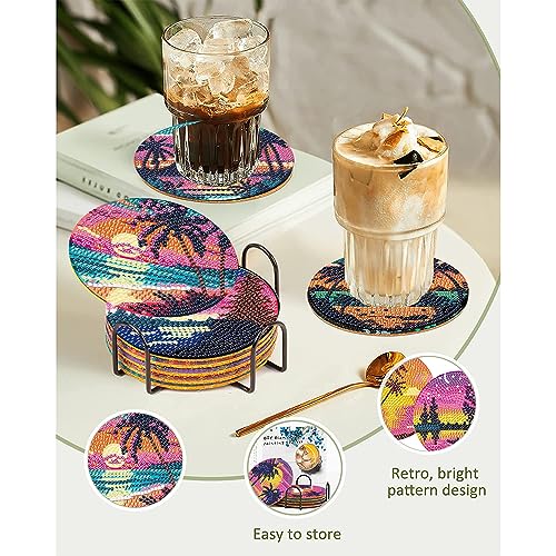 Diy 8pcs/set Landscape  Diamond Painting Coasters with Holder