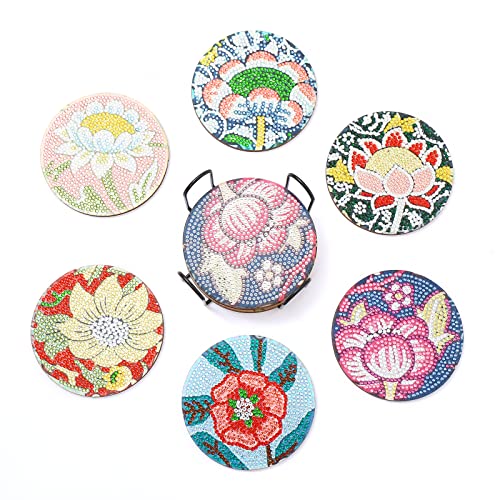 Diy 6pcs/set Flower  Diamond Painting Coasters with Holder