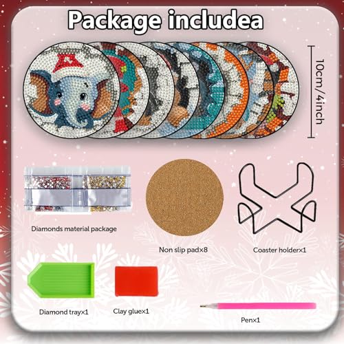 Diy 8pcs/set Christmas  Diamond Painting Coasters with Holder