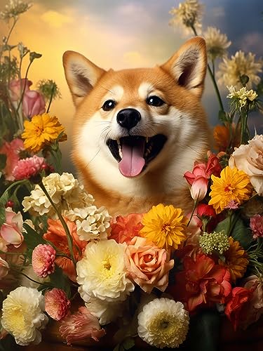Dhiba Inu Dog And Flower | Diamond Painting