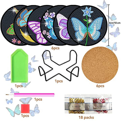 Diy 6pcs/set Butterfly  Diamond Painting Coasters with Holder