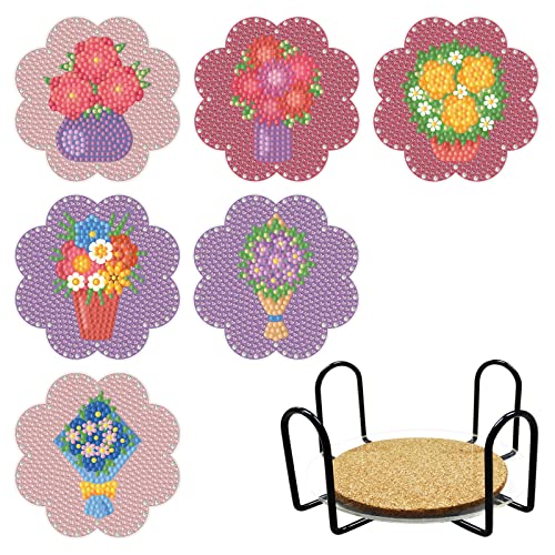 Diy 6pcs/set Flower  Diamond Painting Coasters with Holder