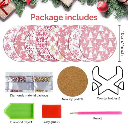 Diy 8pcs/set Christmas  Diamond Painting Coasters with Holder