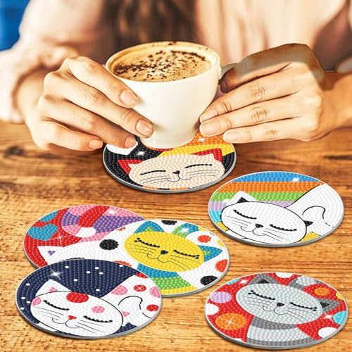 Diy 6pcs/set Cat  Diamond Painting Coasters with Holder