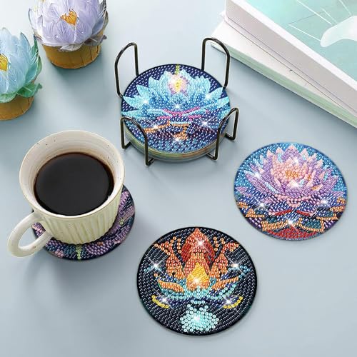 Diy 8pcs/set Lotus Flower  Diamond Painting Coasters with Holder