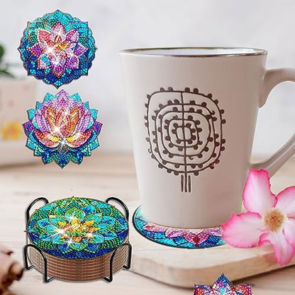 Diy 8pcs/set Lotus  Diamond Painting Coasters with Holder