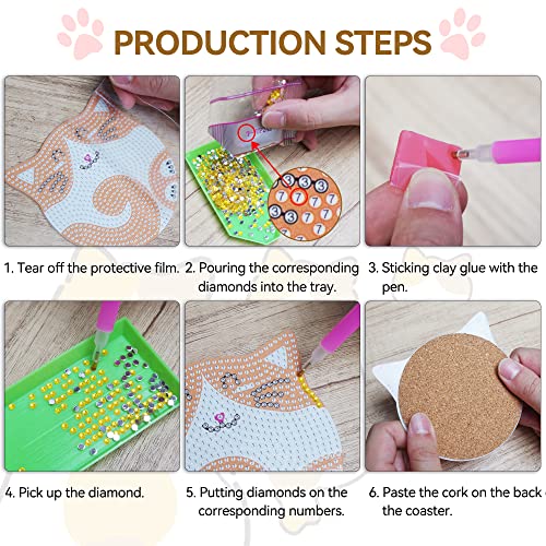 6pcs/set Cat  Diamond Painting Coasters with Holder