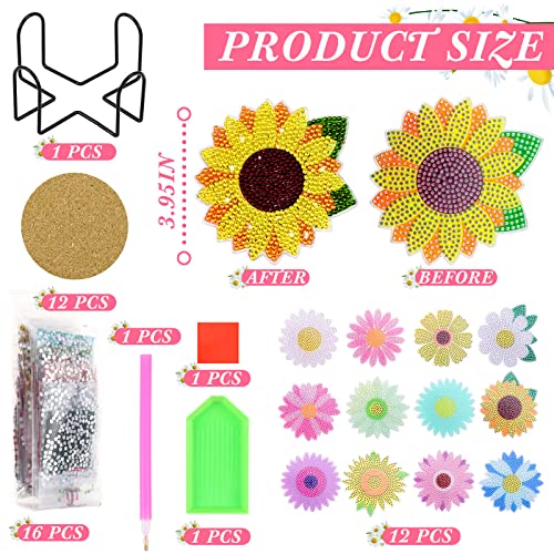 Diy 12pcs/set Flower  Diamond Painting Coasters with Holder