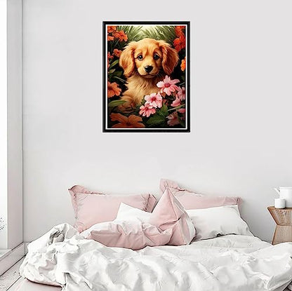 Golden Retriever Dog And Flower | Diamond Painting