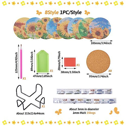Diy 8pcs/set Flower  Diamond Painting Coasters with Holder