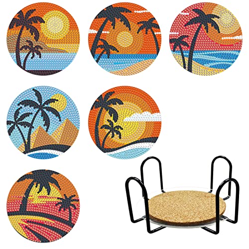 Diy 6pcs/set Tree  Diamond Painting Coasters with Holder