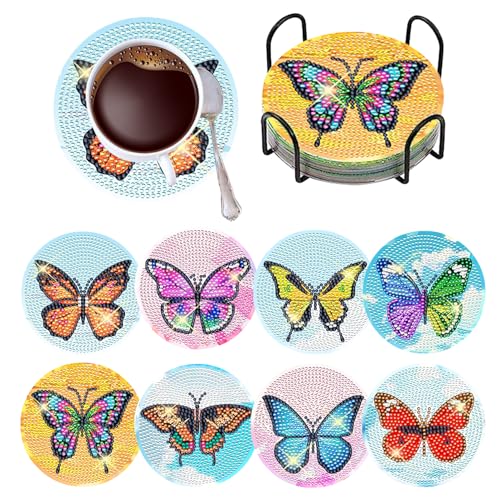 Diy 8pcs/set Butterfly  Diamond Painting Coasters with Holder