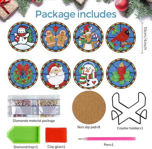 Diy 8pcs/set Christmas  Diamond Painting Coasters with Holder