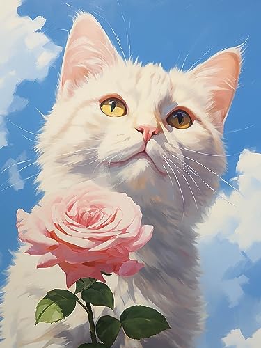 Cat And Pink Flower | Diamond Painting