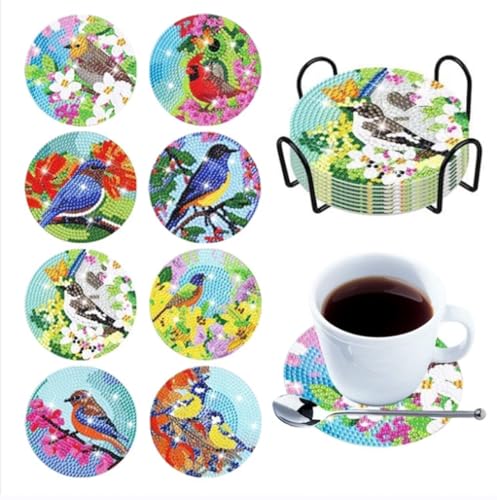 Diy 8pcs/set Bird Christmas  Diamond Painting Coasters with Holder