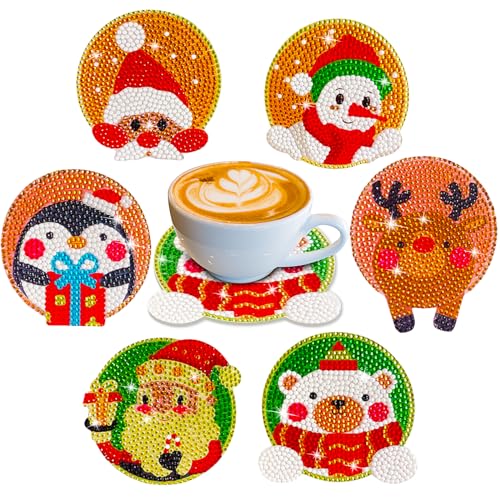 Diy 6pcs/set Christmas  Diamond Painting Coasters with Holder