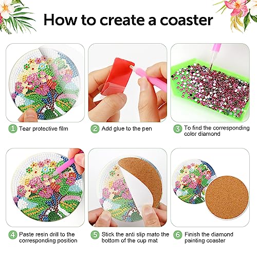 Diy 8pcs/set Flower  Diamond Painting Coasters with Holder