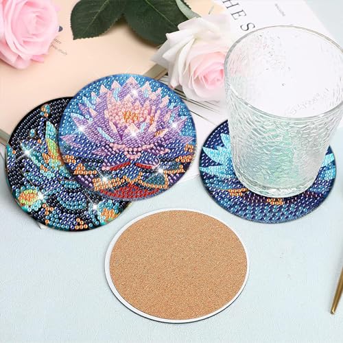 Diy 8pcs/set Lotus Flower  Diamond Painting Coasters with Holder