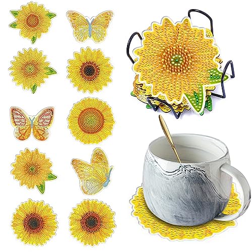Diy 10pcs/set Butterfly Flower  Diamond Painting Coasters with Holder
