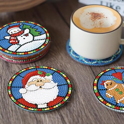 Diy 8pcs/set Christmas  Diamond Painting Coasters with Holder