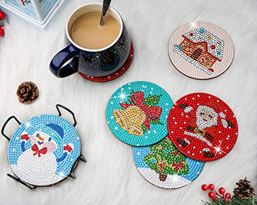 Diy 8pcs/set Christmas  Diamond Painting Coasters with Holder