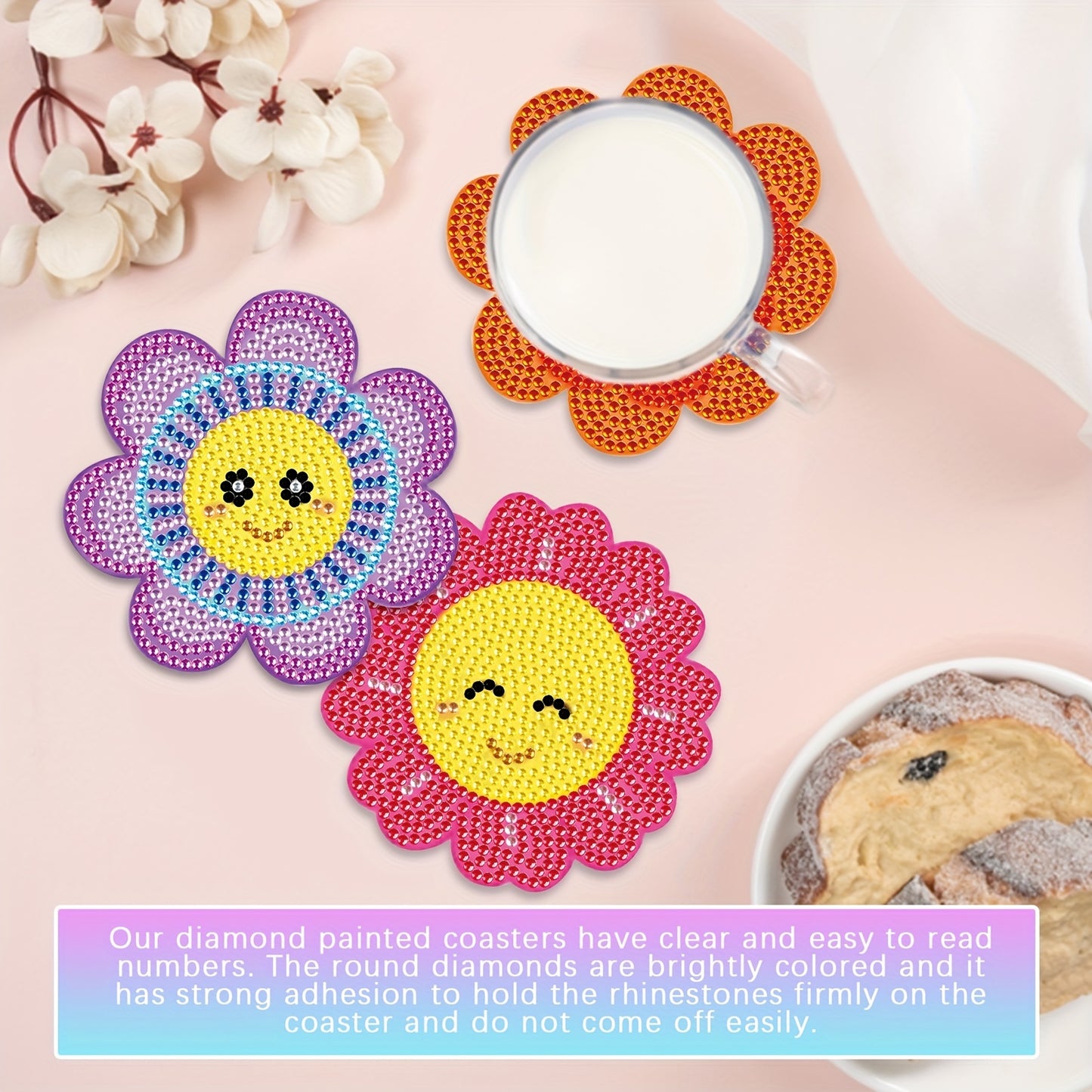 Diy 8pcs/set Flower  Diamond Painting Coasters with Holder