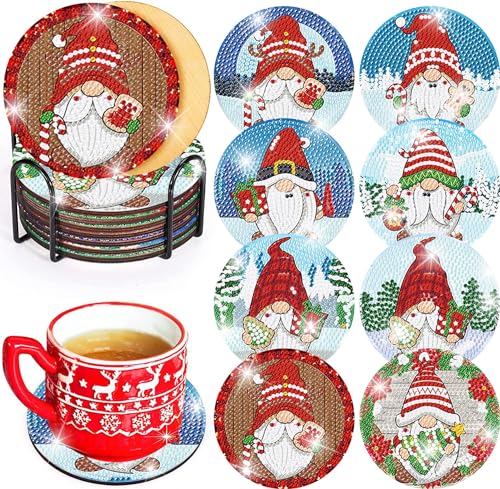 Diy 8pcs/set Gnome Christmas  Diamond Painting Coasters with Holder