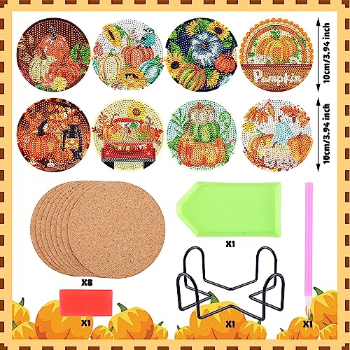 Diy 8pcs/set Pumpkin  Diamond Painting Coasters with Holder