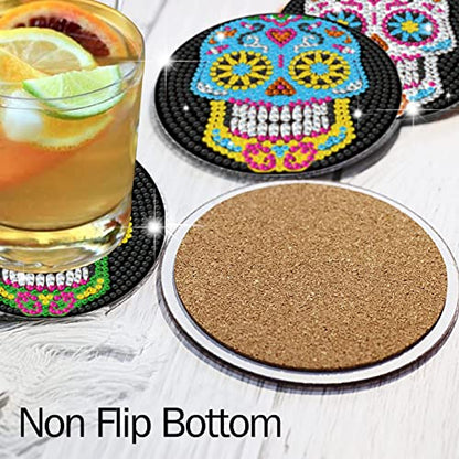 Diy 6pcs/set Skull Flower  Diamond Painting Coasters with Holder