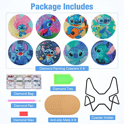 Diy 8pcs/set Cartoon  Diamond Painting Coasters with Holder