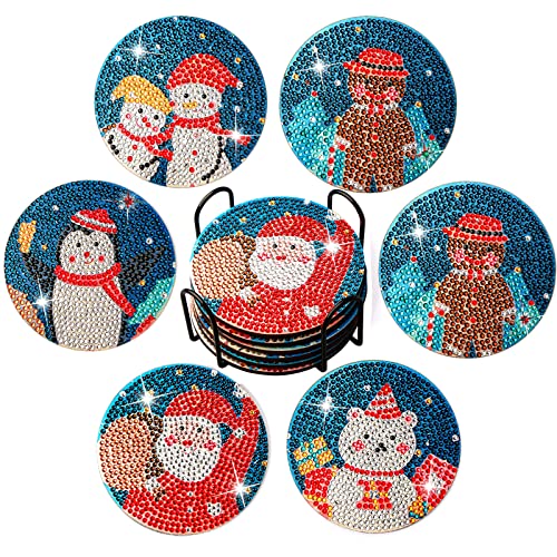 Diy 6pcs/set Christmas  Diamond Painting Coasters with Holder