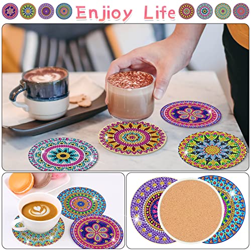 Diy 8pcs/set Mandala  Diamond Painting Coasters with Holder