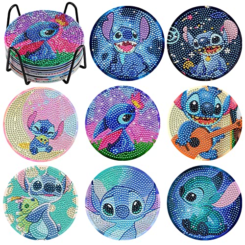 Diy 8pcs/set Cartoon  Diamond Painting Coasters with Holder