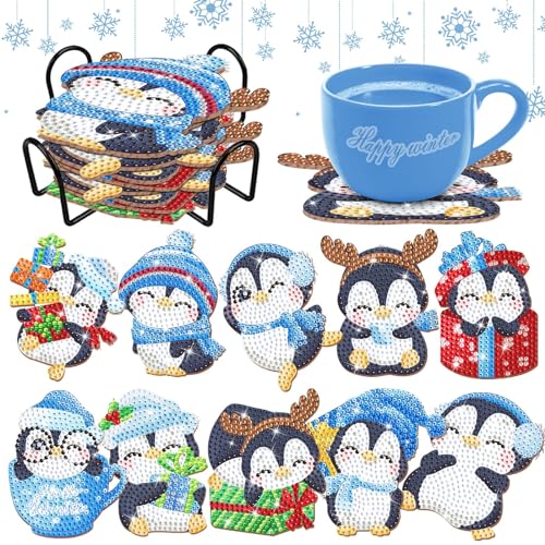 Diy 10pcs/set Penguin  Diamond Painting Coasters with Holder