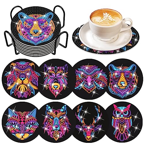 Diy 8pcs/set Animal  Diamond Painting Coasters with Holder