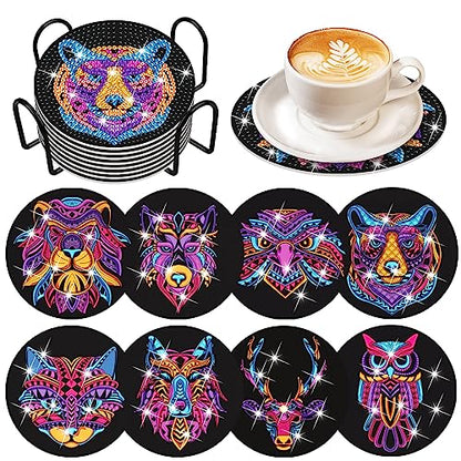 Diy 8pcs/set Animal  Diamond Painting Coasters with Holder