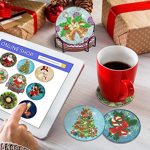 Diy 8pcs/set Christmas  Diamond Painting Coasters with Holder