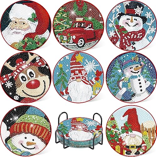 Diy 8pcs/set Christmas  Diamond Painting Coasters with Holder