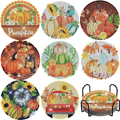 Diy 8pcs/set Pumpkin  Diamond Painting Coasters with Holder