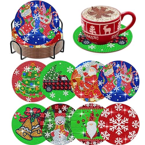 Diy 8pcs/set Christmas  Diamond Painting Coasters with Holder