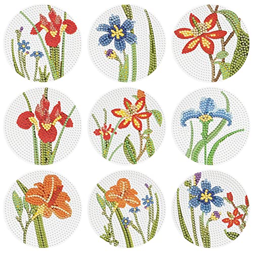 Diy 9pcs/set Flower  Diamond Painting Coasters with Holder