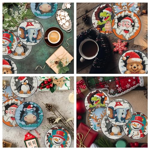 Diy 8pcs/set Christmas  Diamond Painting Coasters with Holder