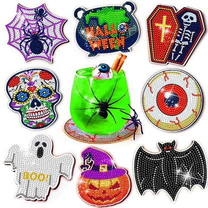 Diy 8pcs/set Halloween  Diamond Painting Coasters with Holder