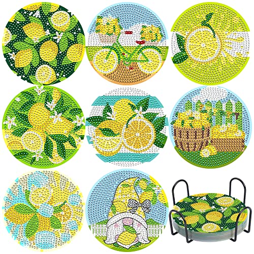 Diy 8pcs/set Summer Lemon  Diamond Painting Coasters with Holder