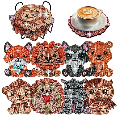 Diy 8pcs/set Animal  Diamond Painting Coasters with Holder