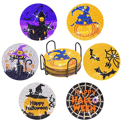 Diy 8pcs/set Pumpkin Halloween  Diamond Painting Coasters with Holder