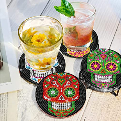 Diy 6pcs/set Skull Flower  Diamond Painting Coasters with Holder
